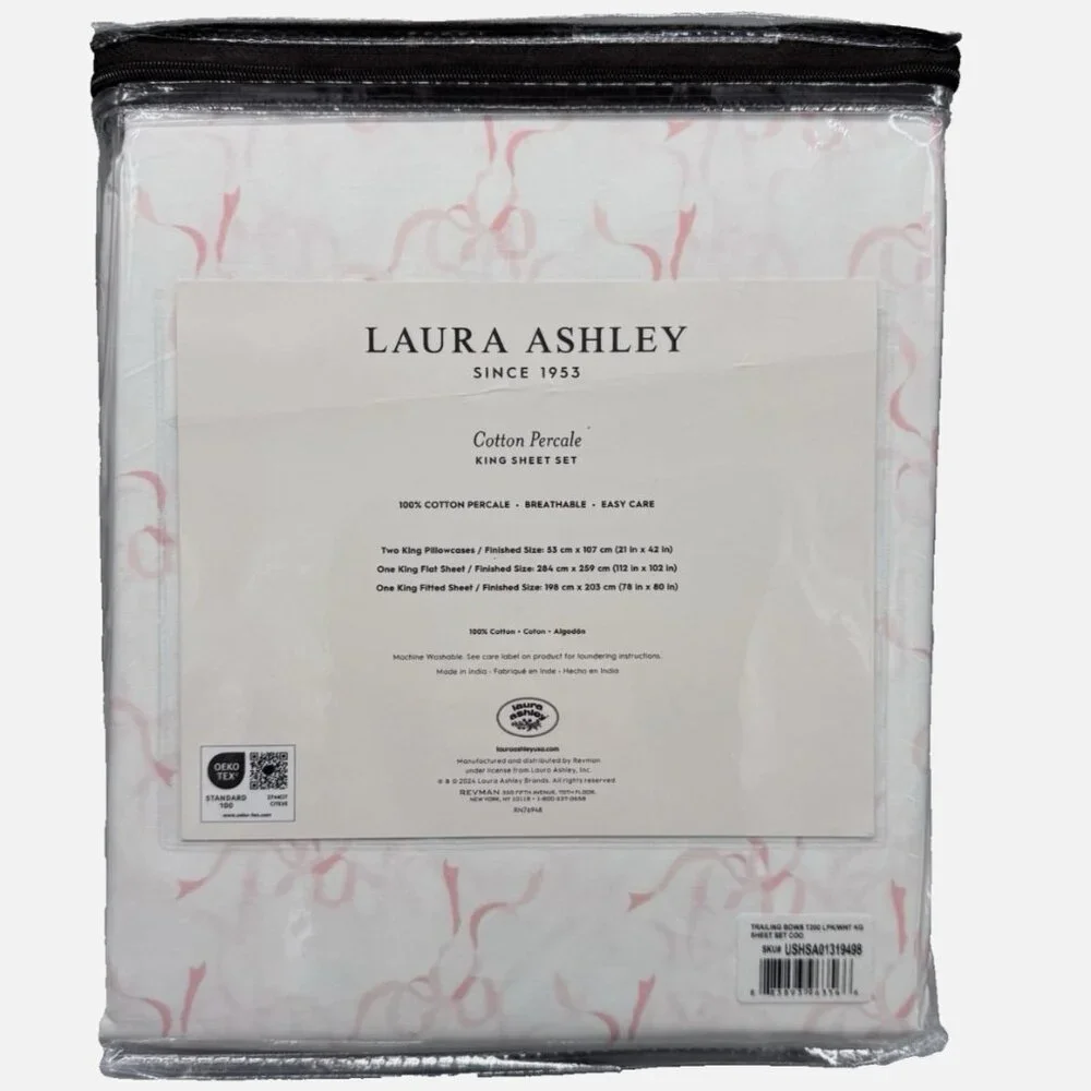 NEW 4pc Laura Ashley KING Sheet Set PINK TRAILING BOWS RIBBON Coquette Cottage